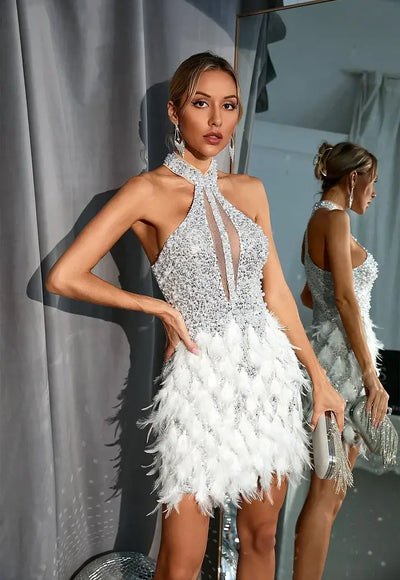 Sparkling Feather Cutout Dress - Lidie