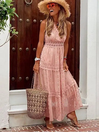 Boho V Neck Lace Dress - Crystal