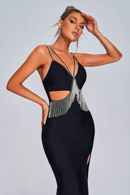 Deep V Neck Beading Bandage Dress - Sarah