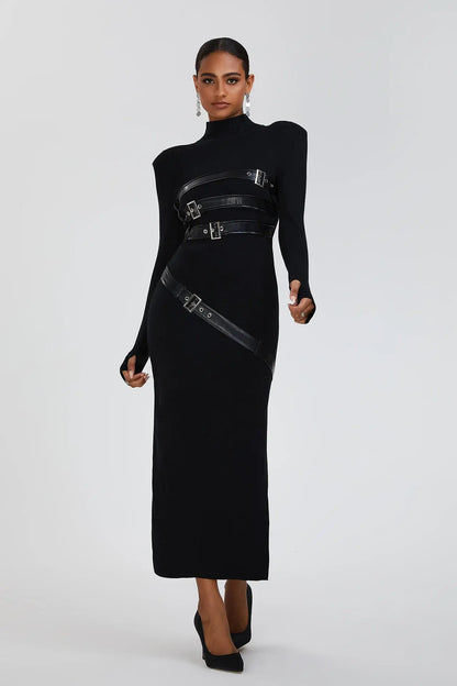 Spliced Belts Turtleneck Dress - Ruby