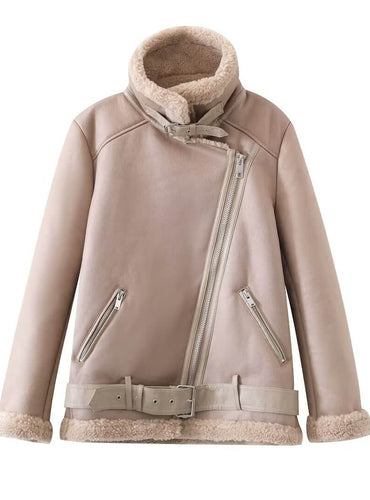 Thick Faux Leather Fur Sheepskin Jacket - Janice