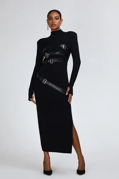 Spliced Belts Turtleneck Dress - Ruby