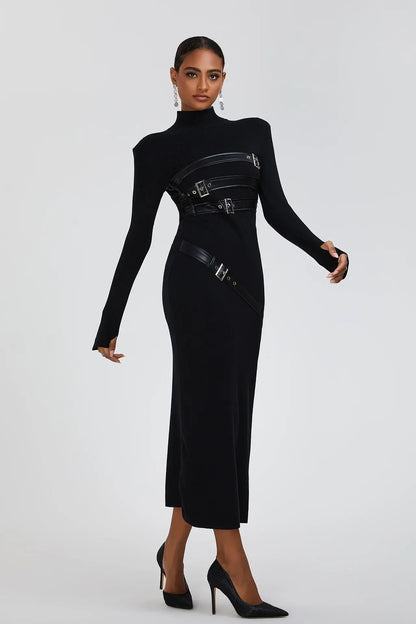 Spliced Belts Turtleneck Dress - Ruby