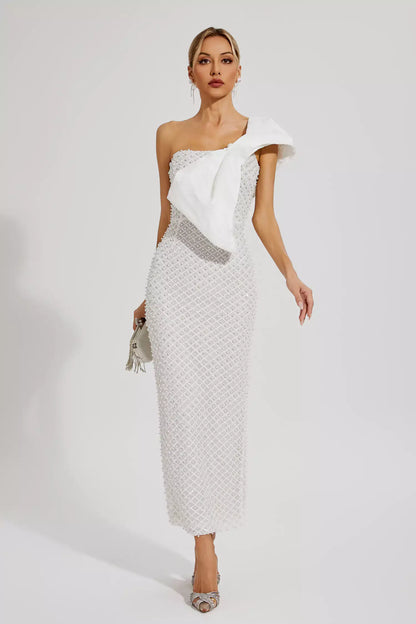 One Shoulder Beaded White Dress - Tania