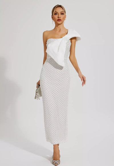 One Shoulder Beaded White Dress - Tania