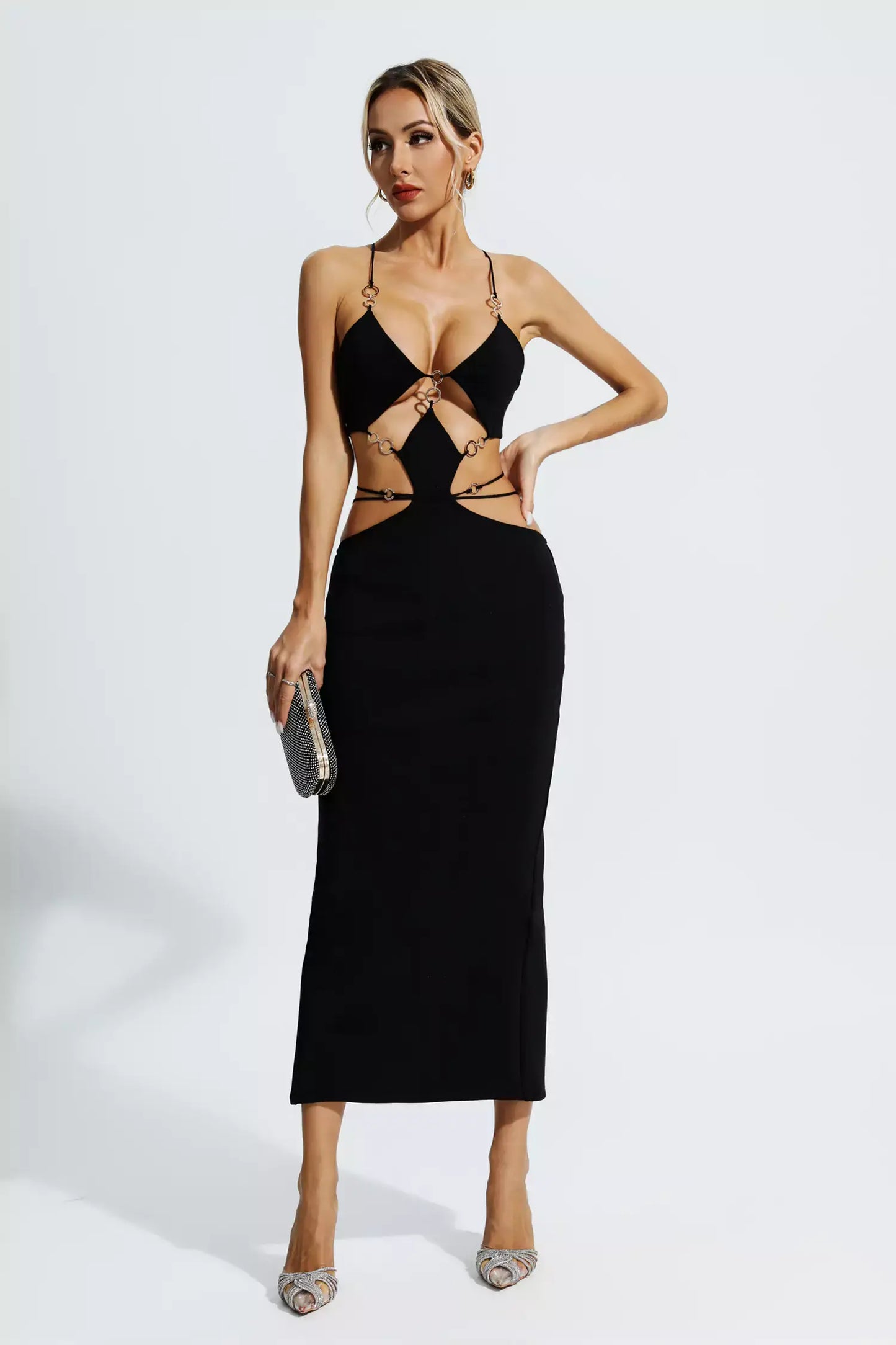 V Neck Backless Cut Out Dress - Aura