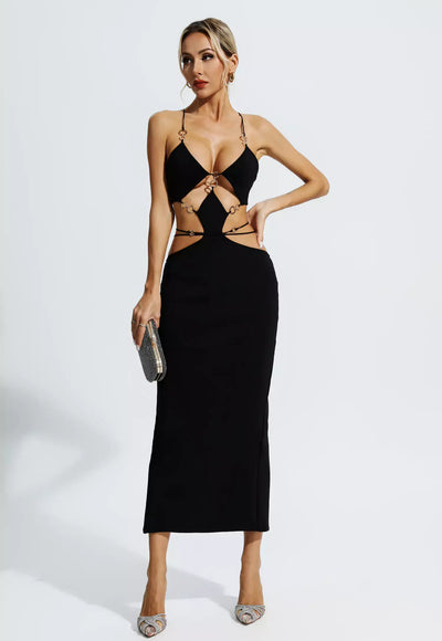 V Neck Backless Cut Out Dress - Aura