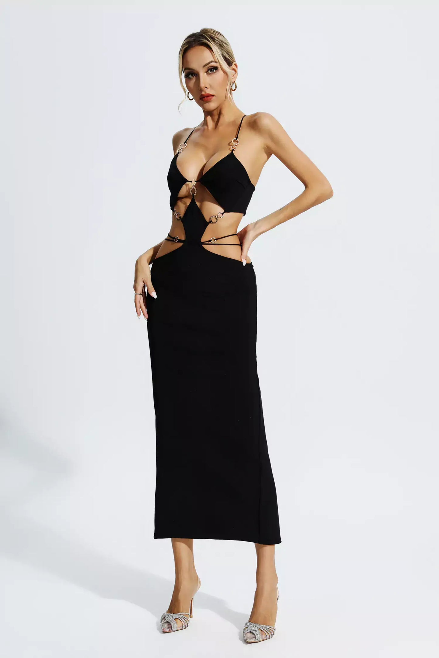 V Neck Backless Cut Out Dress - Aura