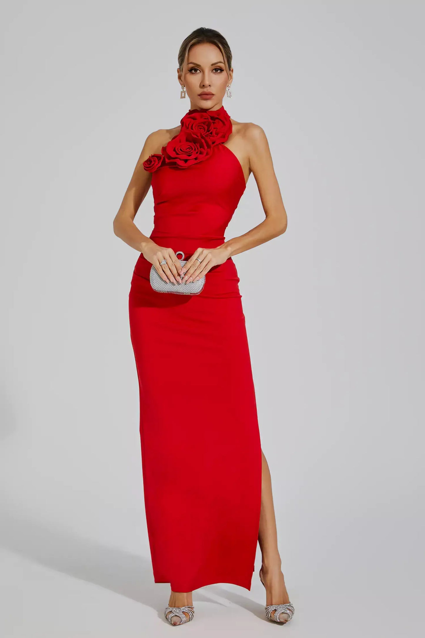 Halterneck Draped Flowers Dress - Sidney