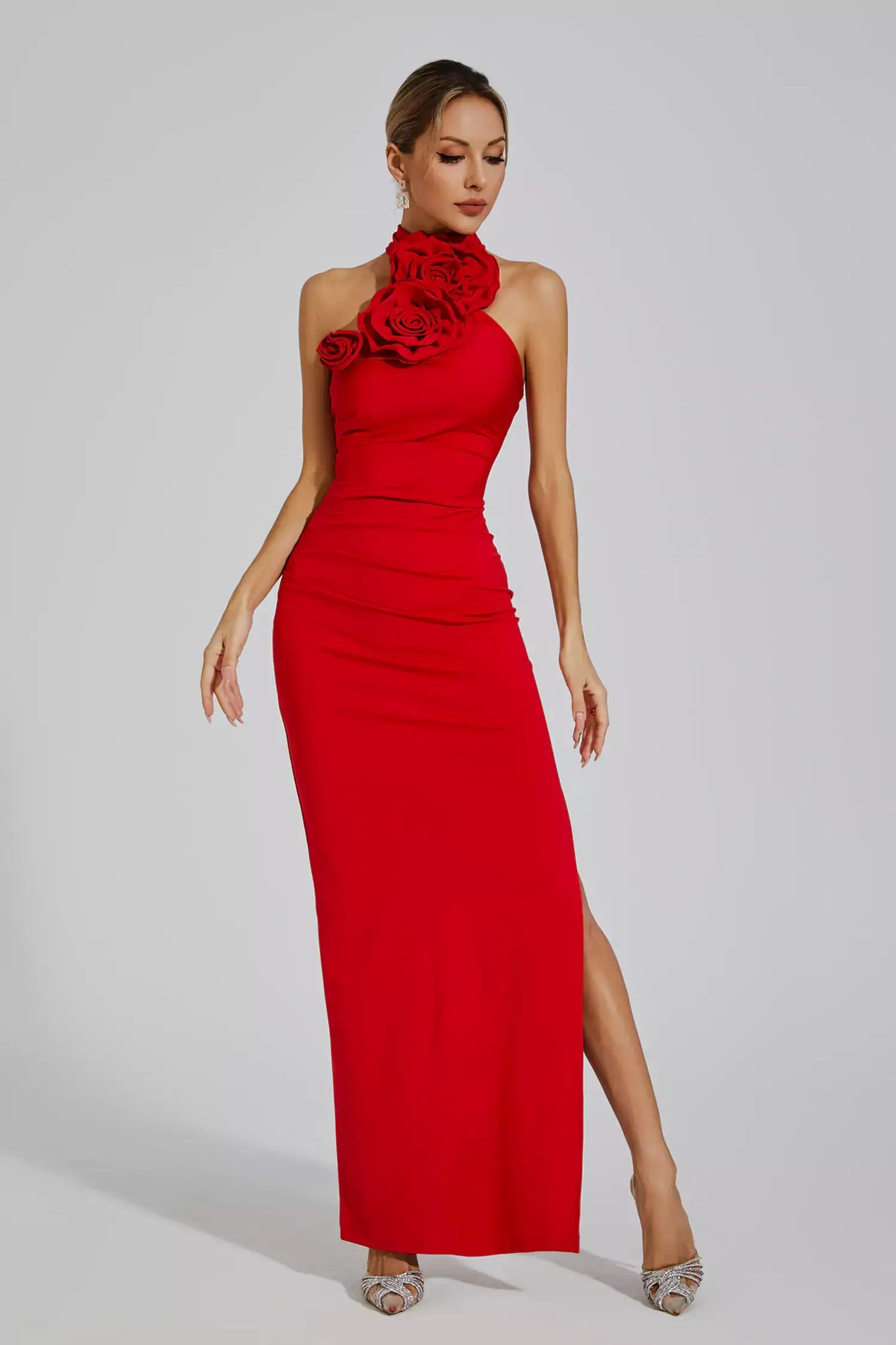 Halterneck Draped Flowers Dress - Sidney