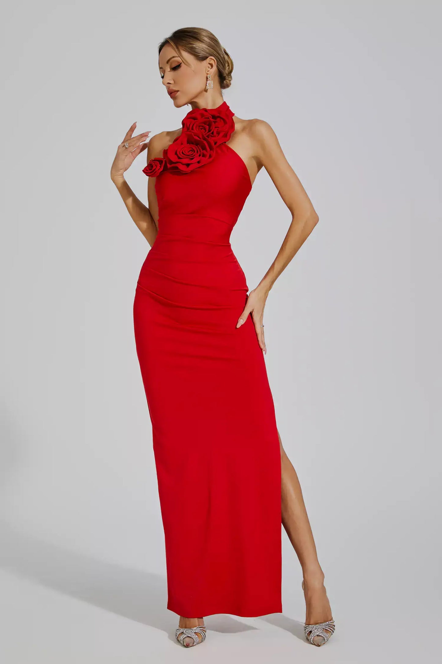 Halterneck Draped Flowers Dress - Sidney