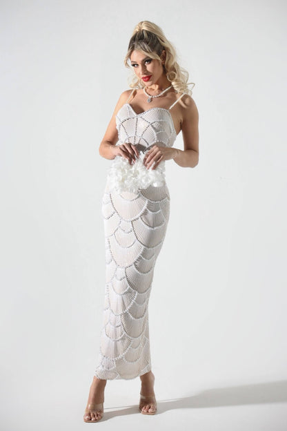 Luxury White Pearl Beading Dress - Thalia