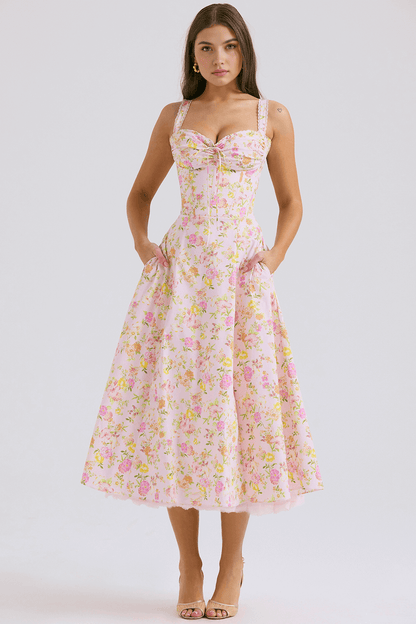 Lace Up Floral Strap Dress - Madala