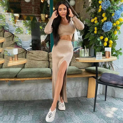 Sexy Knitted Skirt  Long Sleeve Crop Set - Adha