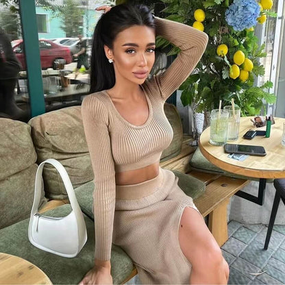 Sexy Knitted Skirt  Long Sleeve Crop Set - Adha