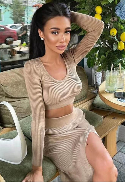 Sexy Knitted Skirt  Long Sleeve Crop Set - Adha