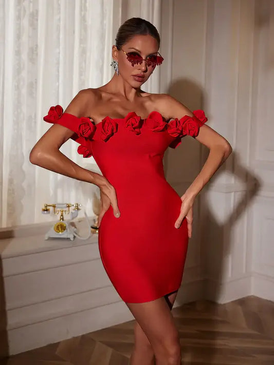 Off Shoulder 3D Rose Dress - Shanty