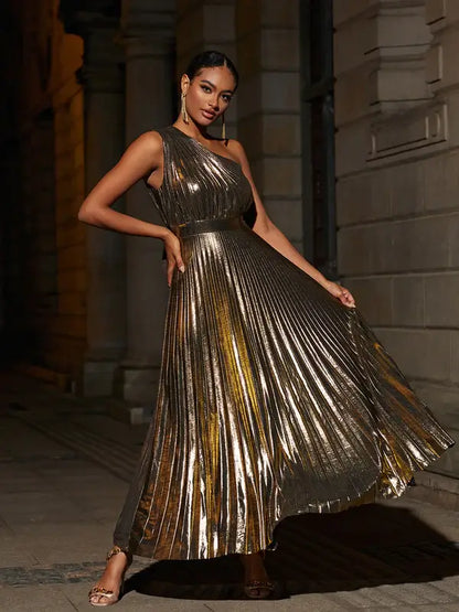 Gold Gilding One Shoulder Pleated Dress - Tulip