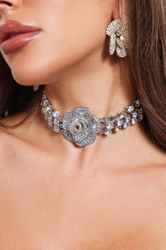 Shiny Rhinestone Rose Choker - Cassia