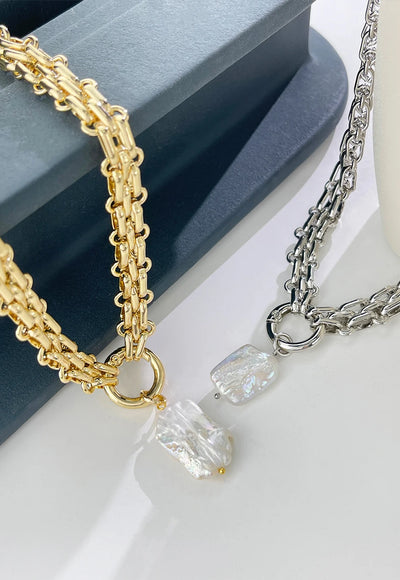 Pearl Pendant Chain Necklace - Crystal