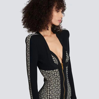 Black Jacquard Zipper Dress - Iara