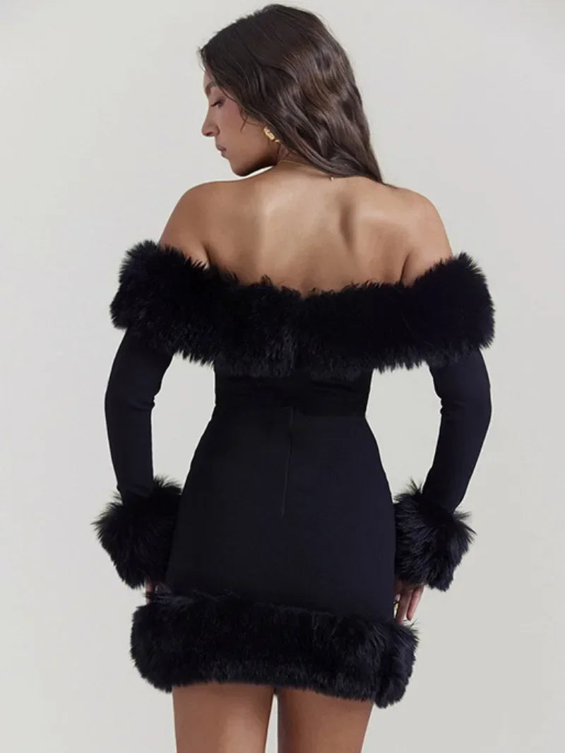 Off Shoulder Slash Neck Fur Dress - Elsa