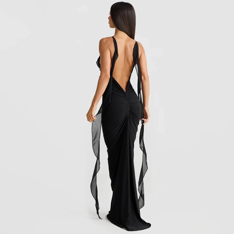 V Neck Backless Draped Dress - Rubia