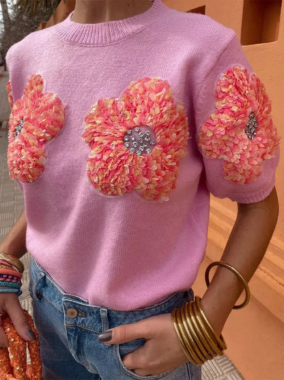 Chic Floral O Neck Knitted Top - Flora