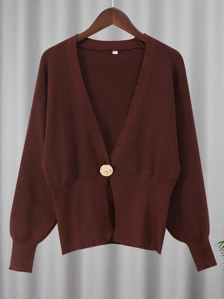 Deep V Knitted Single Button Cardigan -  Cassie