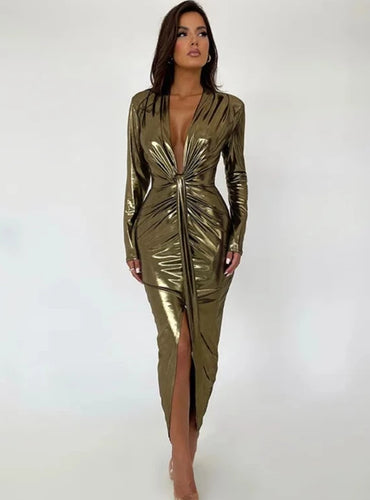 Faux Leather Long Sleeve V Neck Dress - Nelly