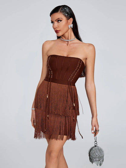 Brown Tassel Bandage Dress - Laine