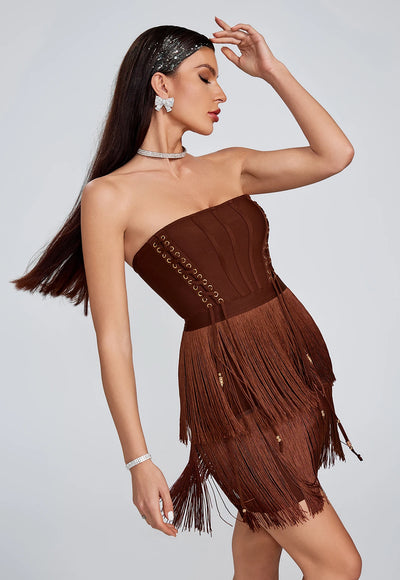 Brown Tassel Bandage Dress - Laine