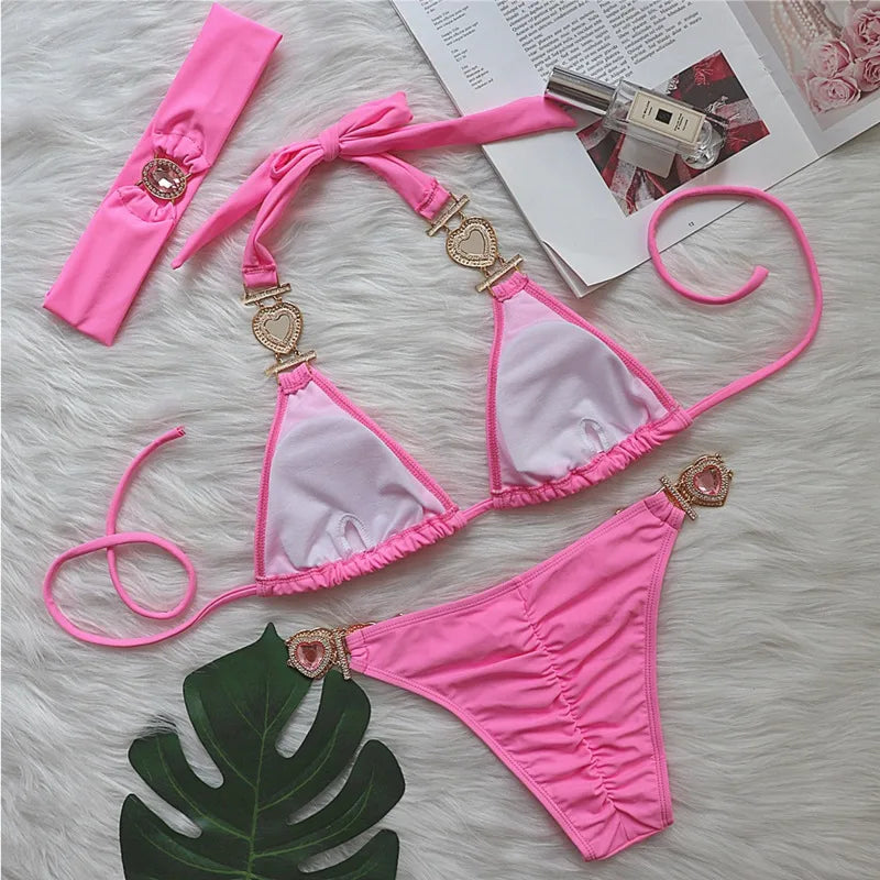 Heart Rhinestones Bikini Set - Lover