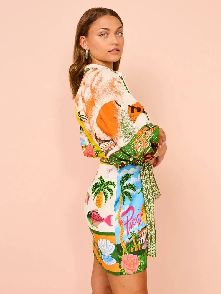 Printed Lantern Sleeve Dress - Sheila