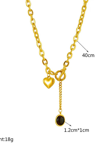 Stainless Steel Heart Black Stone Necklace - Drop