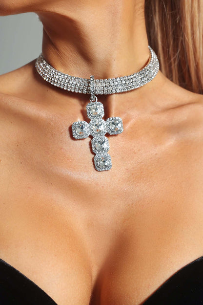 Rhinestone Cross Pendant Choker - Nolah