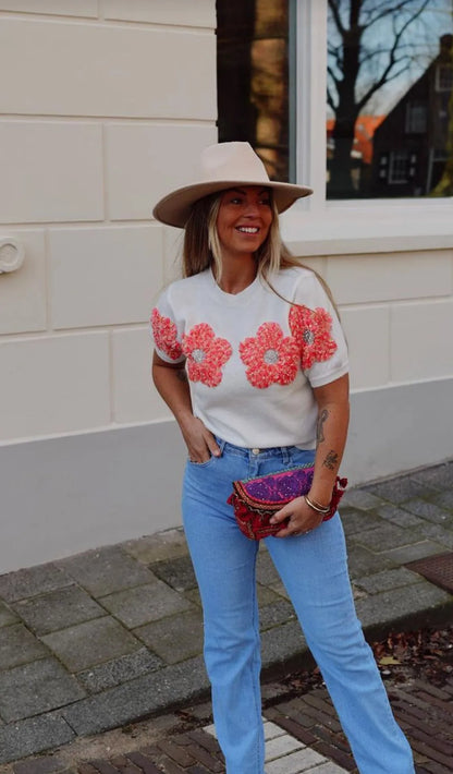 Chic Floral O Neck Knitted Top - Flora