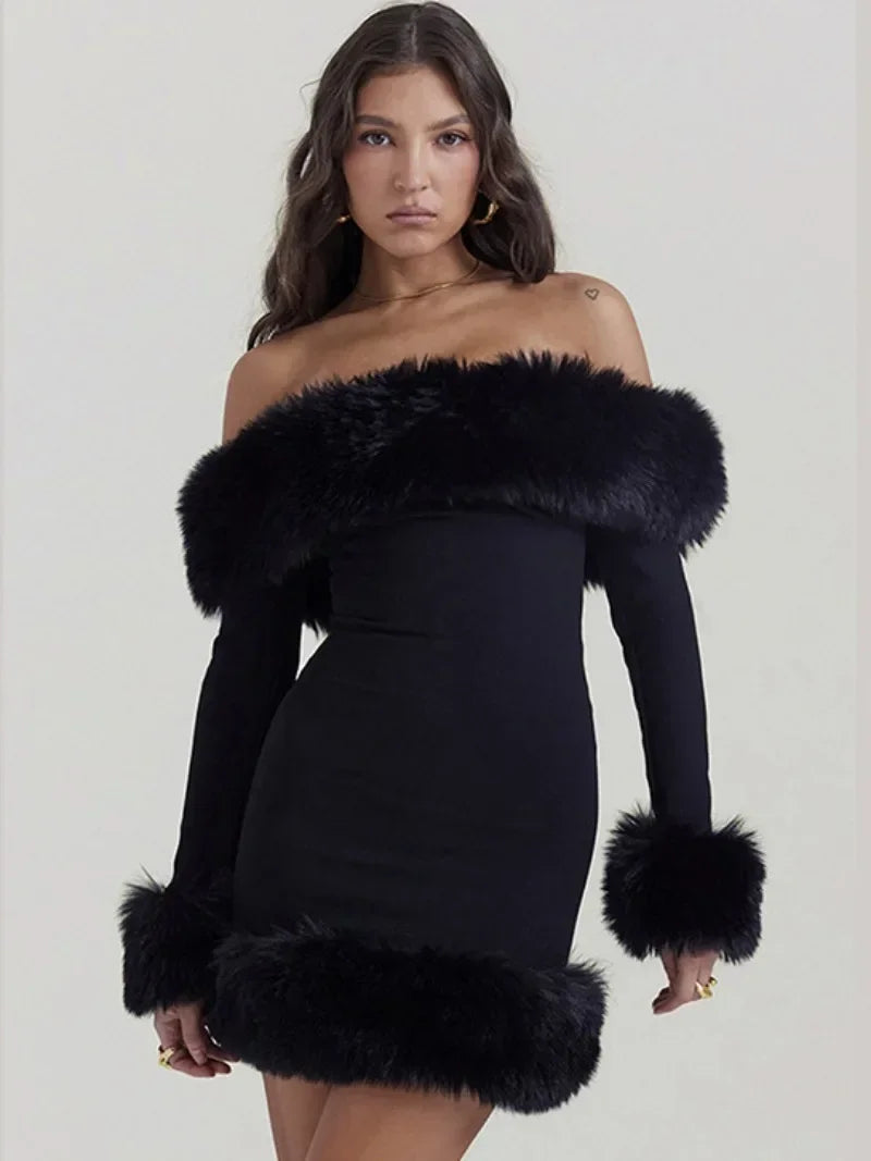 Off Shoulder Slash Neck Fur Dress - Elsa