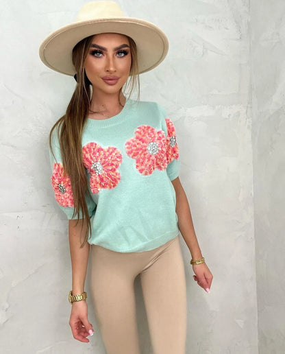 Chic Floral O Neck Knitted Top - Flora