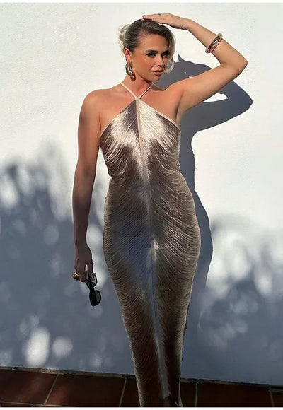 Sexy Metallic Hanging Neck Dress - Alexa