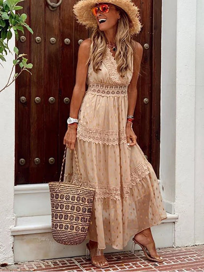 Boho V Neck Lace Dress - Crystal