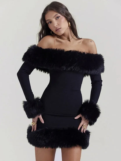 Off Shoulder Slash Neck Fur Dress - Elsa