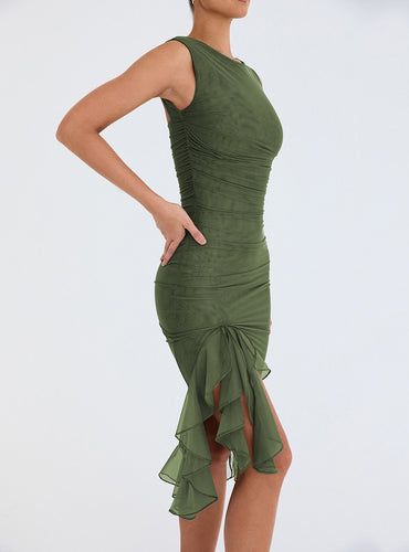 Elegant Ruffle Ruched Midi Dress - Erin