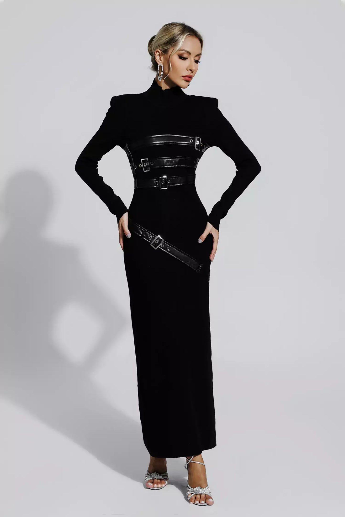 Spliced Belts Turtleneck Dress - Ruby