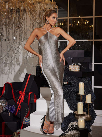 Sexy Metallic Hanging Neck Dress - Alexa