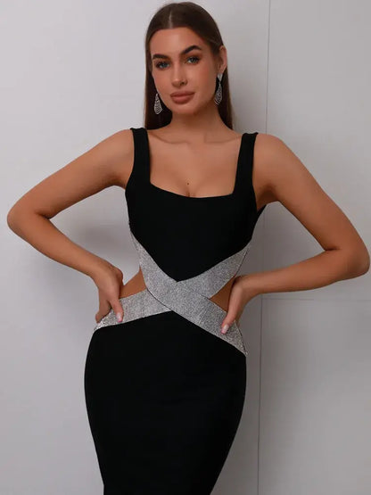 Sexy Square Collar Diamond Bodycon Dress - Sophie