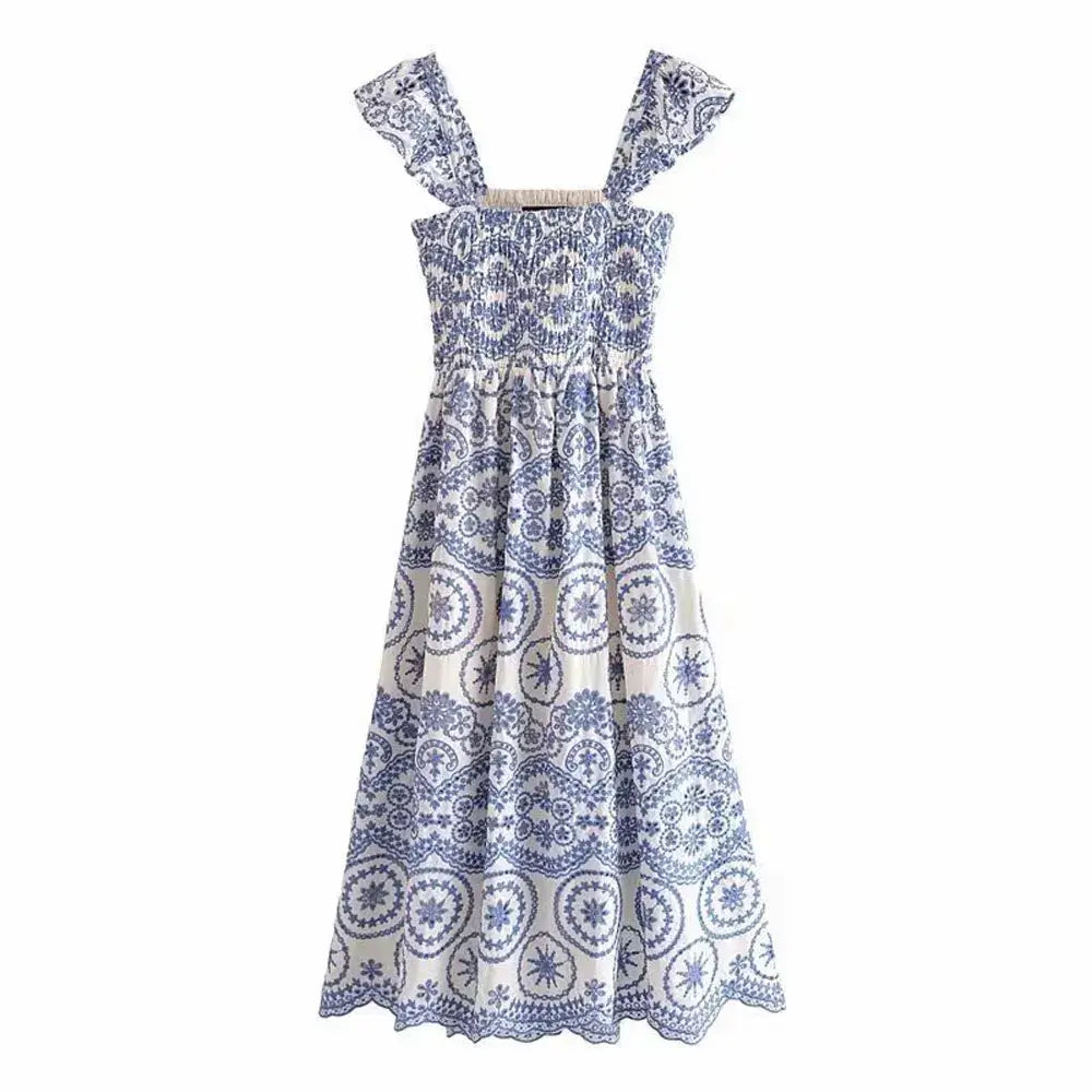 Embroidery Smocked Midi Dress - Becky