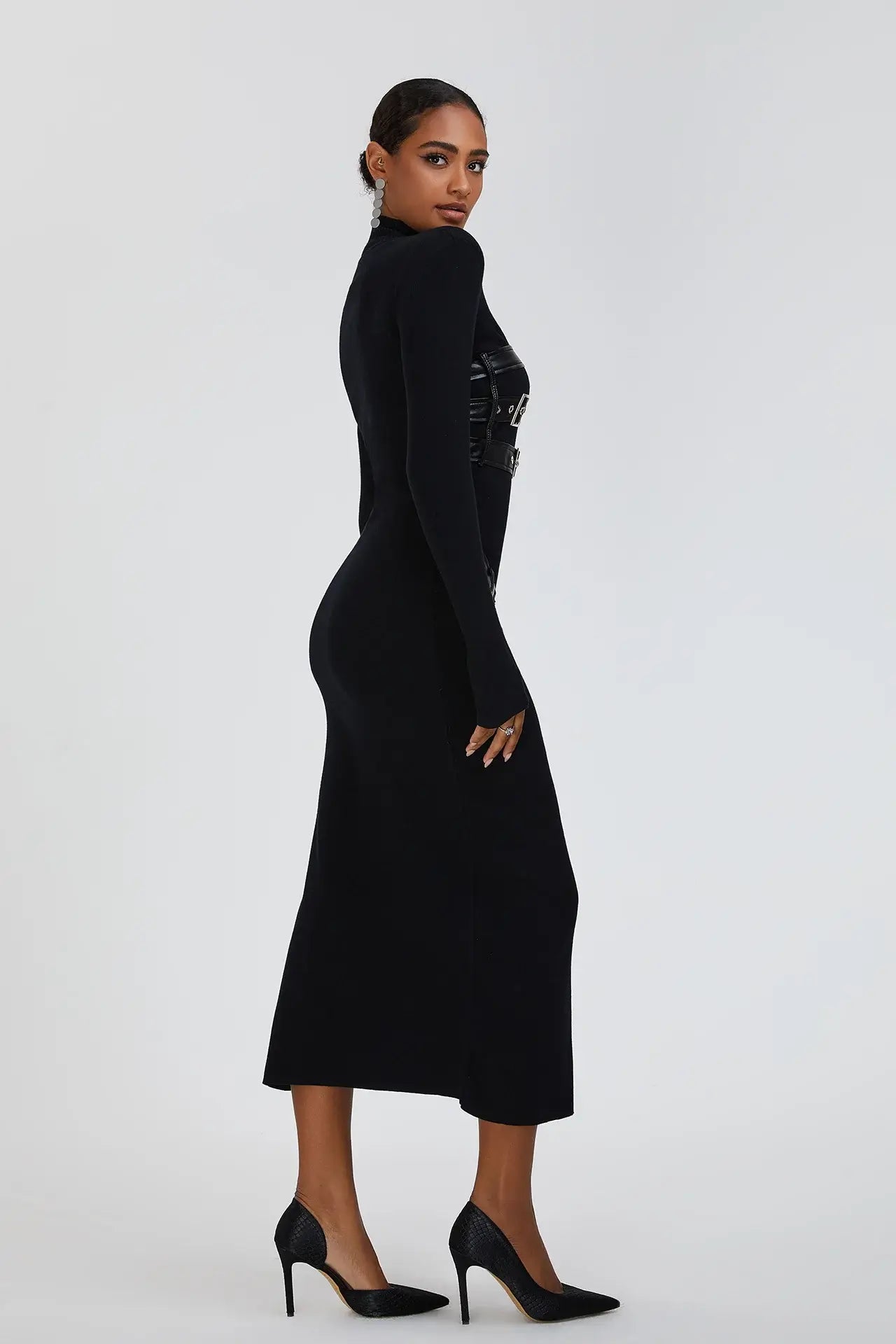 Spliced Belts Turtleneck Dress - Ruby