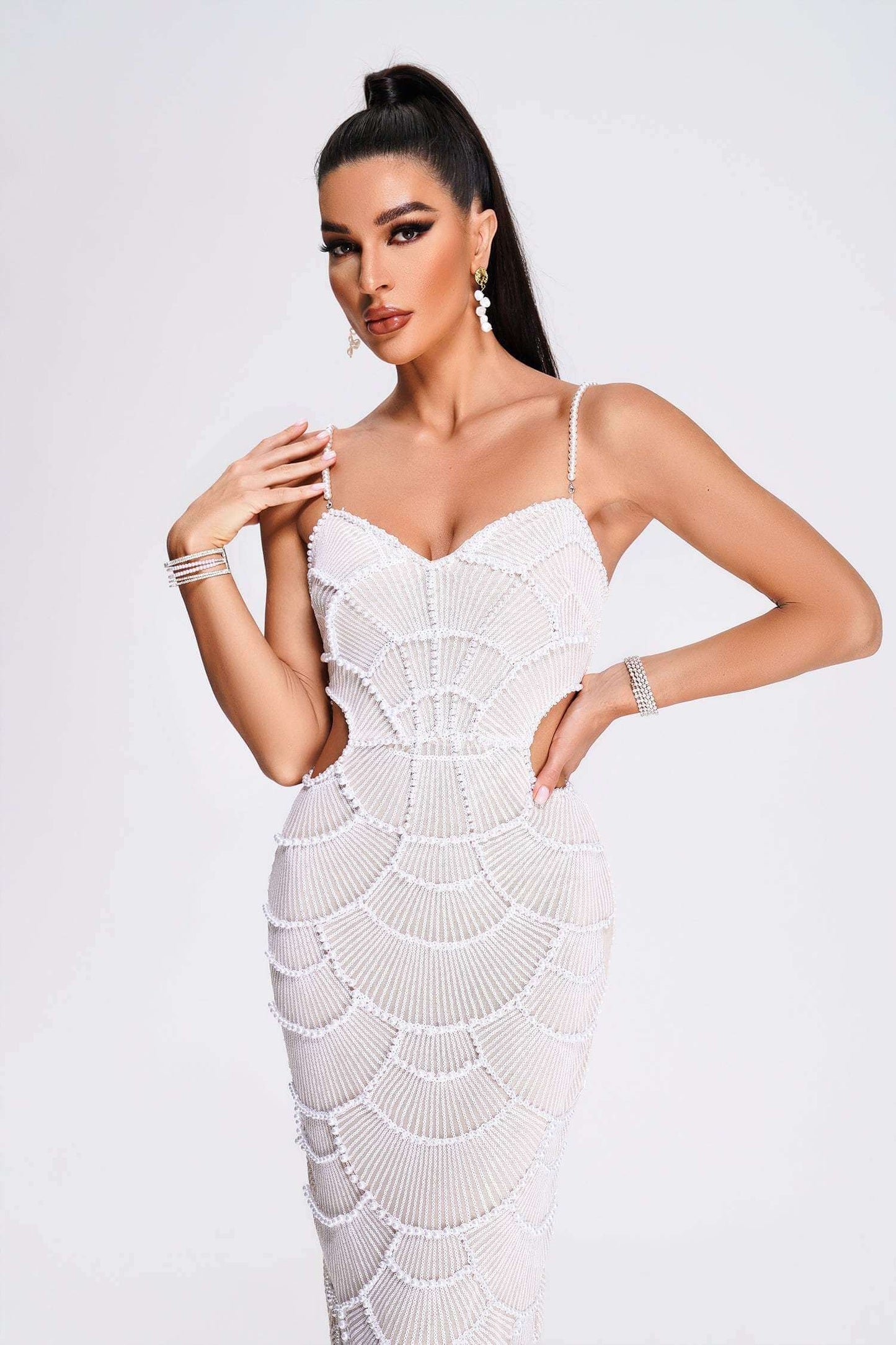 Luxury White Pearl Beading Dress - Thalia