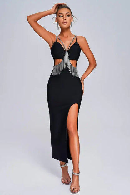 Deep V Neck Beading Bandage Dress - Sarah